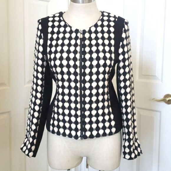 H&M Textured Woven Jacket Blazer Black Ivory Zip Up Collarless - Picture 1 of 10